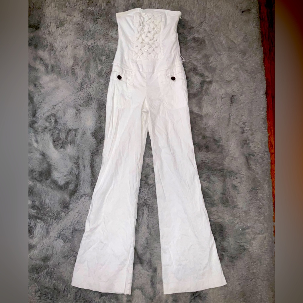 BEBE white strapless jumpsuit
